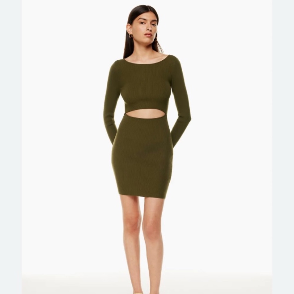 Aritzia Wilfred Free Cut-Out Knit Longsleeve Mini Dress, olive green body con XS